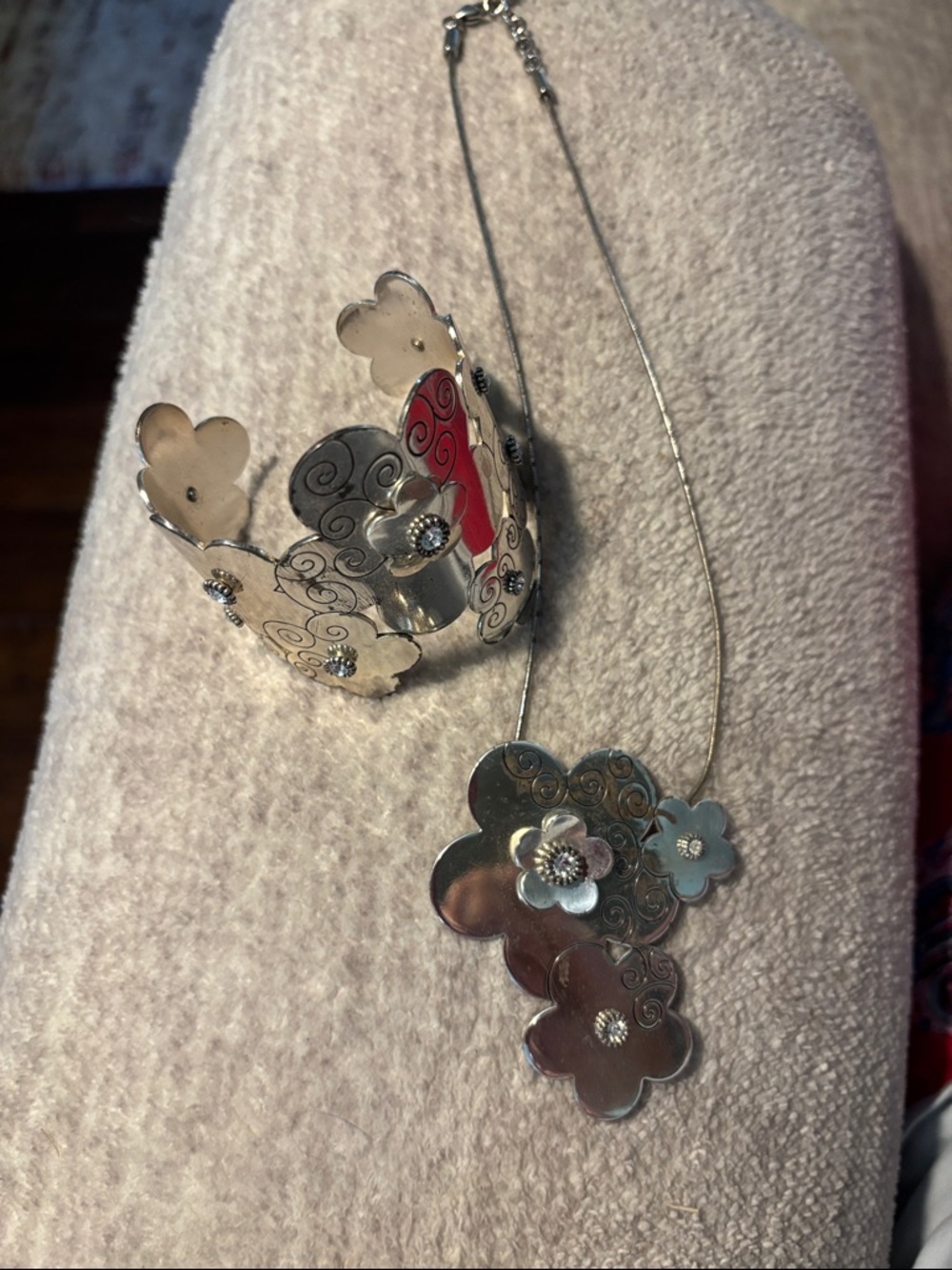 Brighton Silver Floral Cuff Bracelet and Pendant Necklace Set